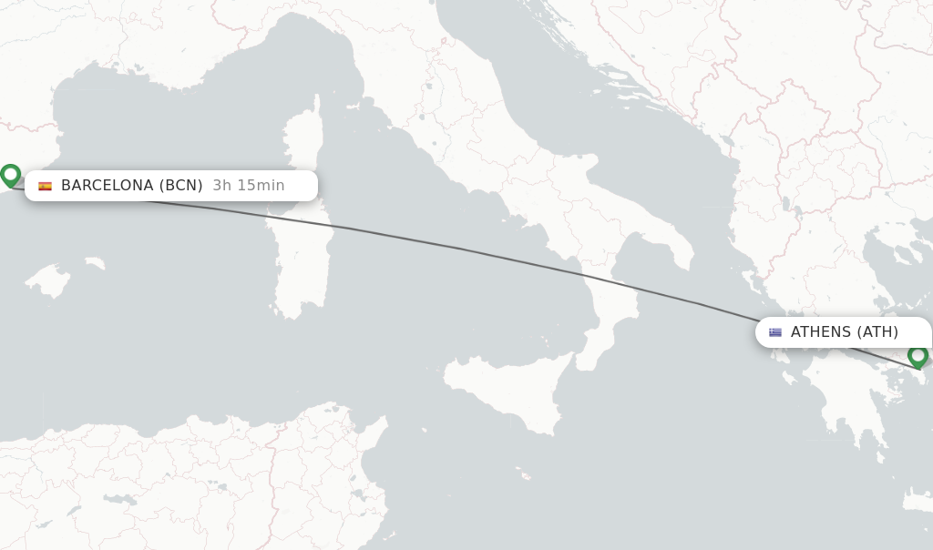 Flights from Athens to Barcelona route map