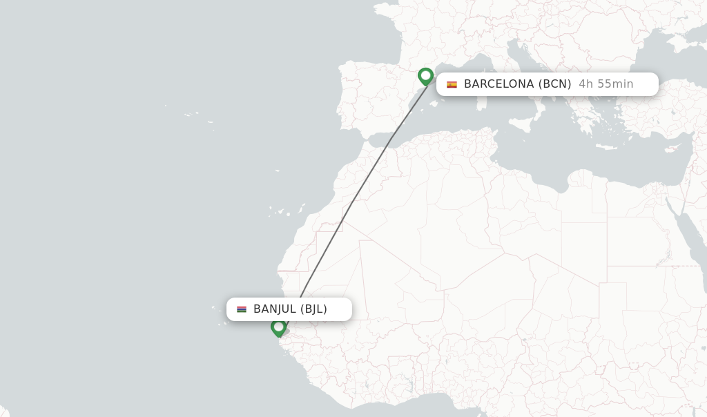 Direct non stop flights from Banjul to Barcelona schedules